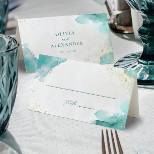 Modern Teal Gold Abstract Beach Wedding Place Card