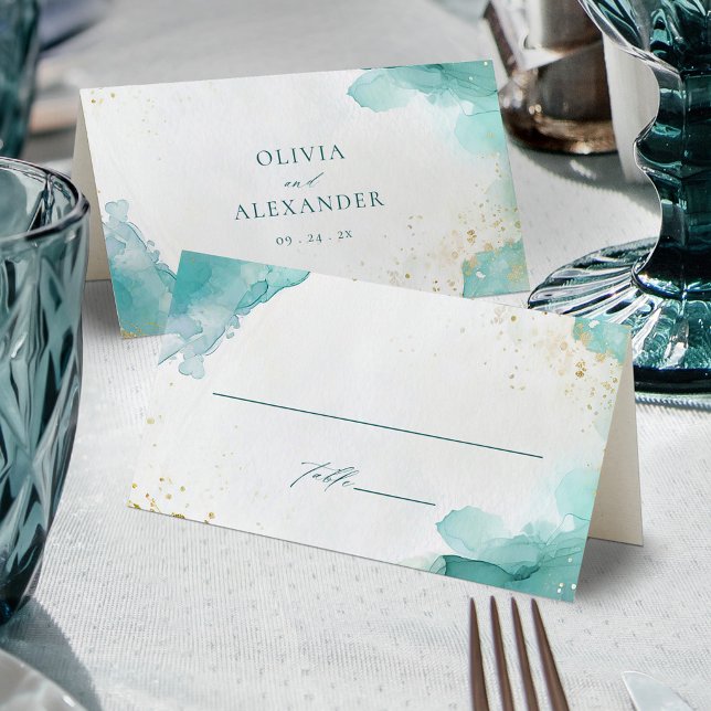 Modern Teal Gold Abstract Beach Wedding Place Card (Creator Uploaded)