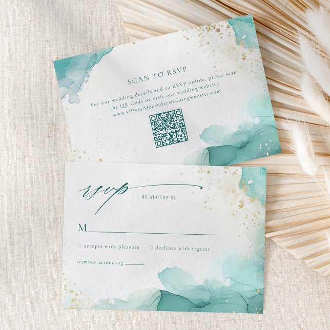 Modern Teal Gold Abstract Beach Wedding QR Code RSVP Card (Creator Uploaded)