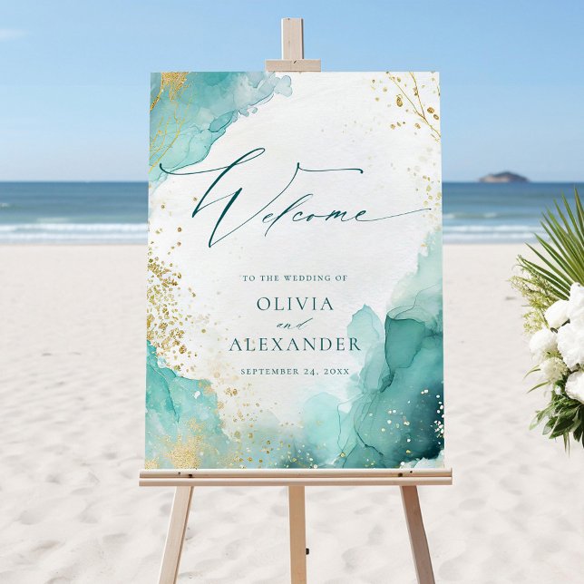 Modern Teal Gold Abstract Beach Wedding Welcome Foam Board (Creator Uploaded)