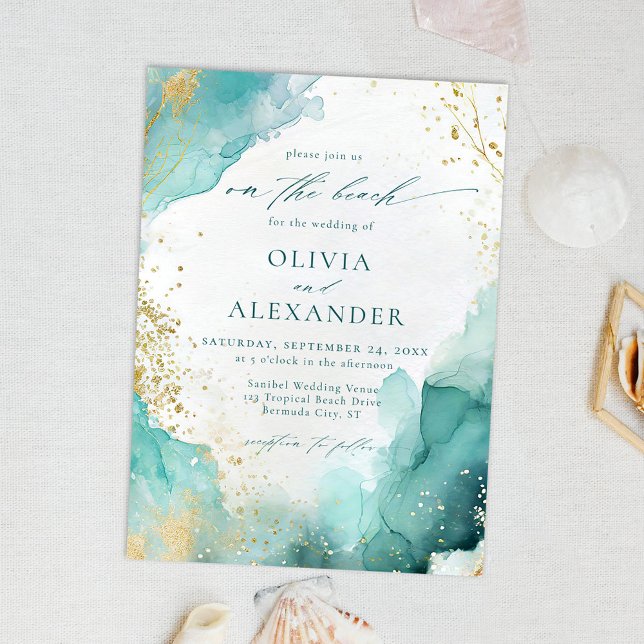 Modern Teal Gold Abstract On The Beach Wedding Invitation (Creator Uploaded)