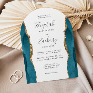 Modern Teal Gold Agate Arch Wedding Invitation