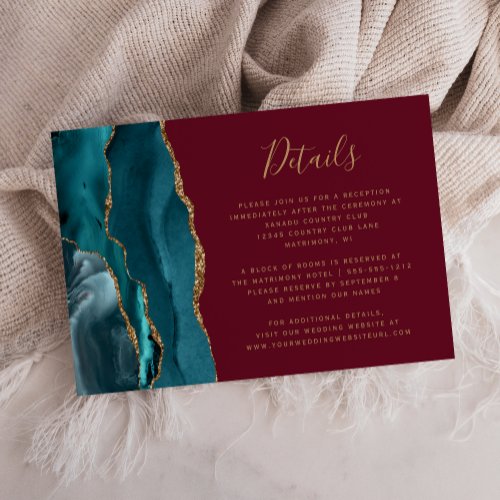 Modern Teal Gold Agate Burgundy Wedding Details Enclosure Card