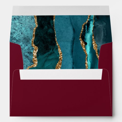 Modern Teal Gold Agate Burgundy Wedding Envelope