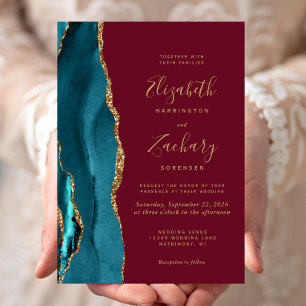 Modern Teal Gold Agate Burgundy Wedding Invitation