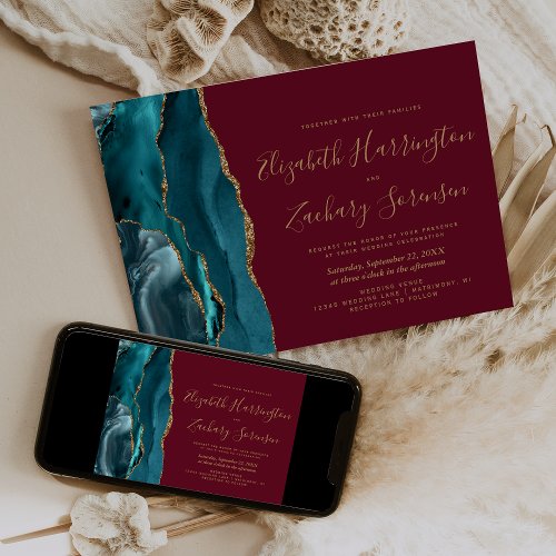 Modern Teal Gold Agate Burgundy Wedding Invitation
