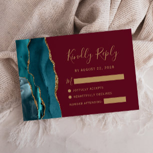 Modern Teal Gold Agate Burgundy Wedding RSVP Card