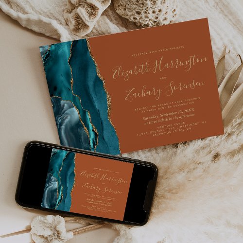 Modern Teal Gold Agate Burnt Orange Wedding Invitation