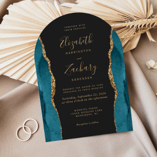 Modern Teal Gold Agate Dark Arch Wedding Invitation