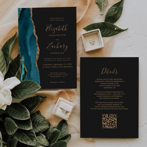 Modern Teal Gold Agate Dark QR Code Wedding Invitation