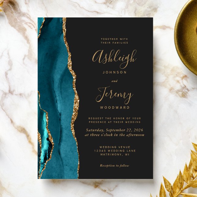 Modern Teal Gold Agate Dark Wedding Invitation