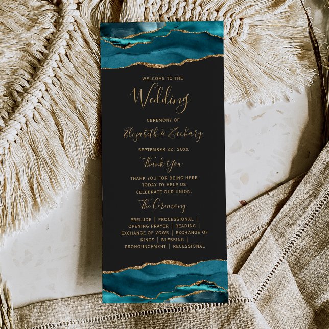 Modern Teal Gold Agate Dark Wedding Program (Creator Uploaded)