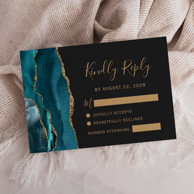 Modern Teal Gold Agate Dark Wedding RSVP Card (Creator Uploaded)