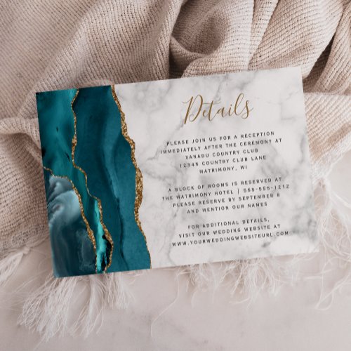 Modern Teal Gold Agate Gray Marble Wedding Details Enclosure Card