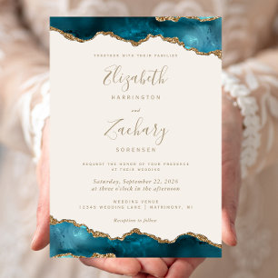Modern Teal Gold Agate Ivory Wedding Invitation