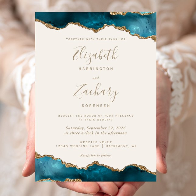 Modern Teal Gold Agate Ivory Wedding Invitation (Creator Uploaded)