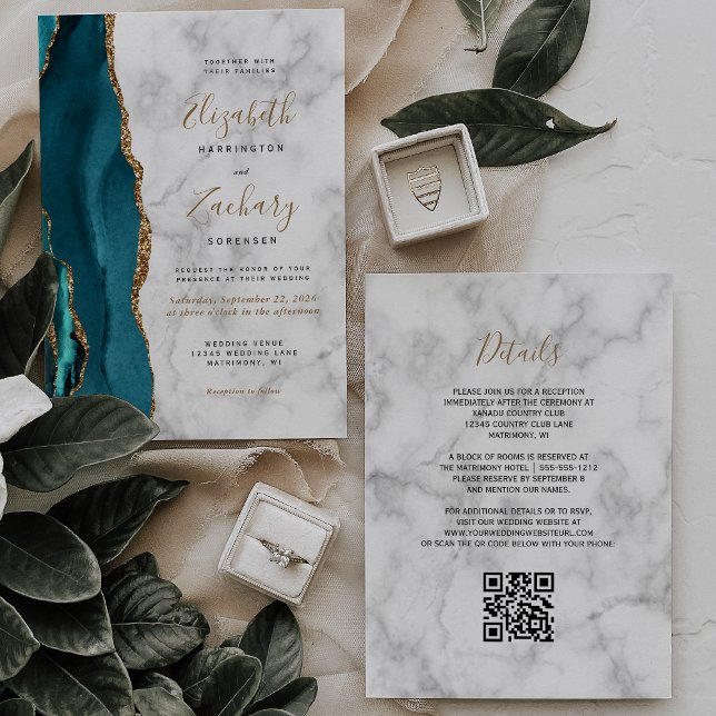 Modern Teal Gold Agate Marble QR Code Wedding Invitation (Creator Uploaded)