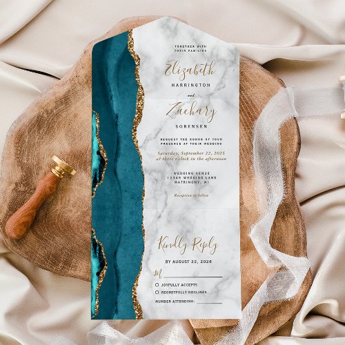Modern Teal Gold Agate Marble Wedding All In One Invitation