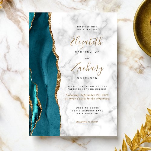 Modern Teal Gold Agate Marble Wedding Invitation