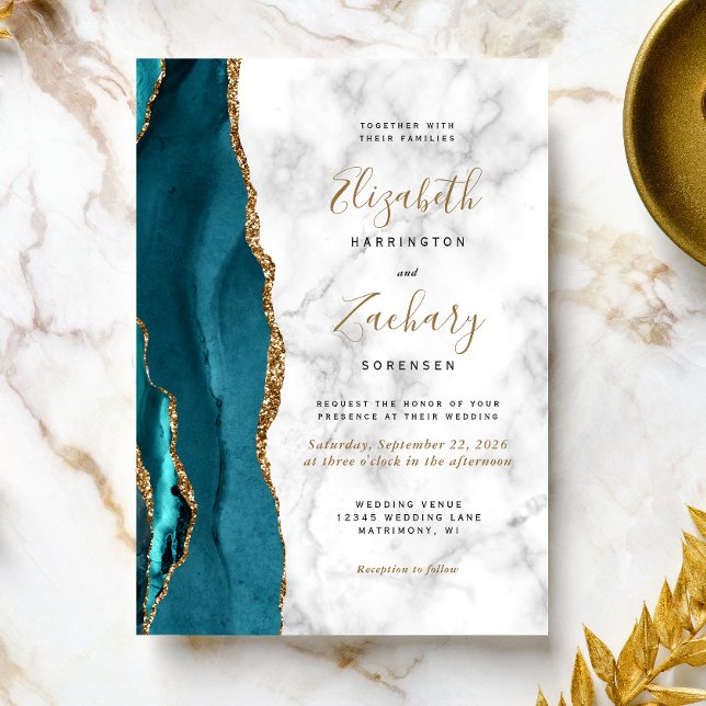 Modern Teal Gold Agate Marble Wedding Invitation (Creator Uploaded)