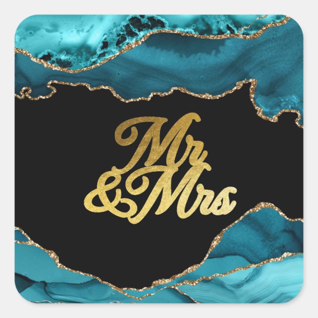Modern Teal Gold Agate Mr. & Mrs. Wedding Square Sticker (Front)