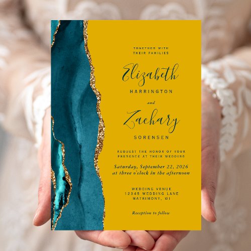 Modern Teal Gold Agate Mustard Wedding Invitation