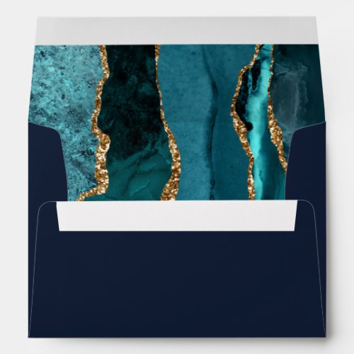 Modern Teal Gold Agate Navy Blue Wedding Envelope