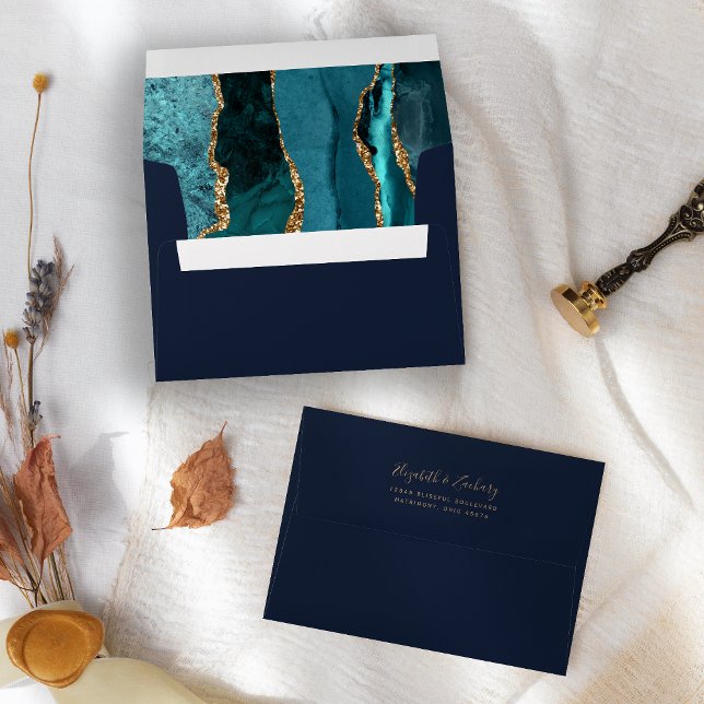 Modern Teal Gold Agate Navy Blue Wedding Envelope (Creator Uploaded)