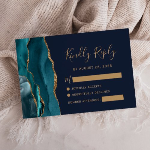 Modern Teal Gold Agate Navy Blue Wedding RSVP Card