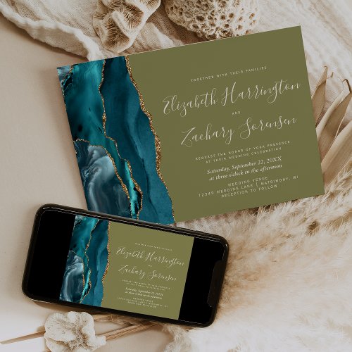 Modern Teal Gold Agate Olive Green Wedding Invitation