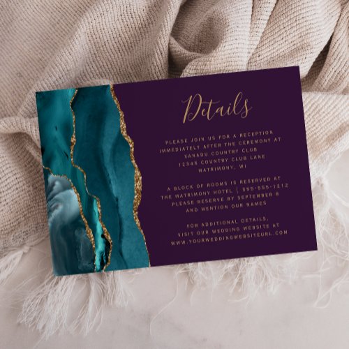 Modern Teal Gold Agate Purple Wedding Details Enclosure Card