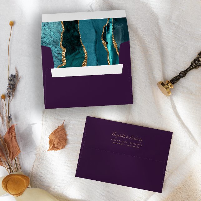 Modern Teal Gold Agate Purple Wedding Envelope (Creator Uploaded)
