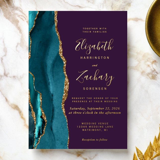 Modern Teal Gold Agate Purple Wedding Foil Invitation (Creator Uploaded)
