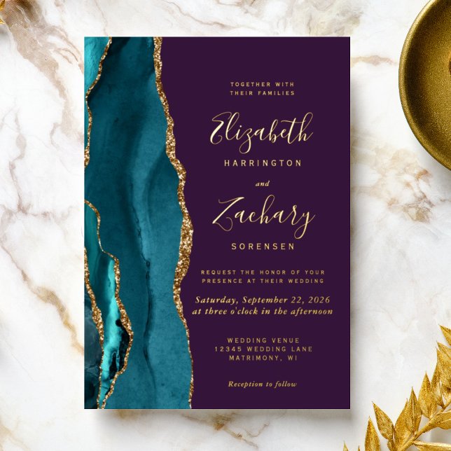 Modern Teal Gold Agate Purple Wedding Foil Invitation (Creator Uploaded)