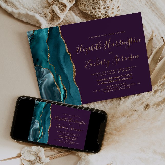 Modern Teal Gold Agate Purple Wedding Invitation (Creator Uploaded)