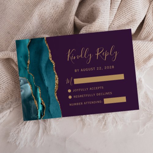 Modern Teal Gold Agate Purple Wedding RSVP Card