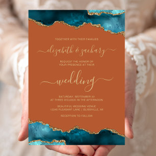 Modern Teal Gold Agate Script Burnt Orange Wedding Invitation