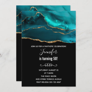 Modern Teal & Gold Agate Stone Abstract Birthday Invitation