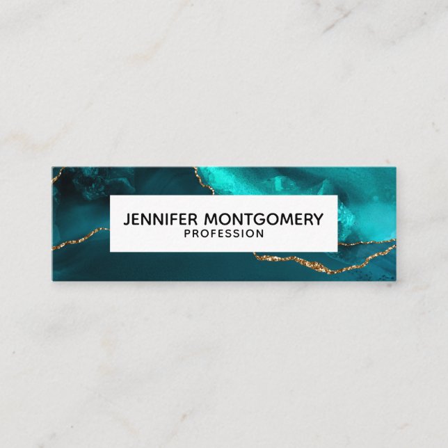 Modern Teal & Gold Agate Stone Abstract Design Mini Business Card (Front)