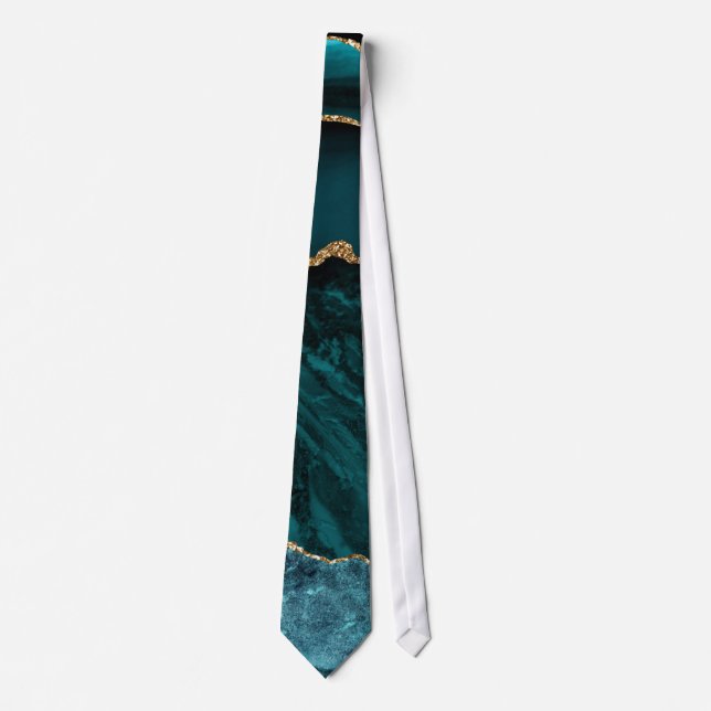 Modern Teal & Gold Agate Stone Abstract Design Neck Tie (Front)