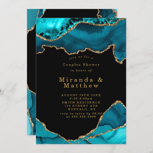 Modern Teal Gold Agate Stone Couples Shower Invite