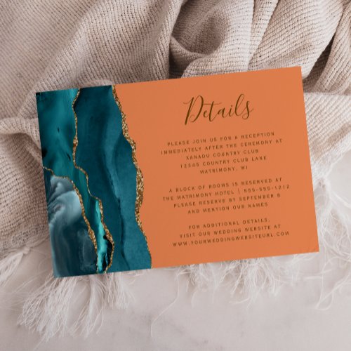 Modern Teal Gold Agate Tangerine Wedding Details Enclosure Card