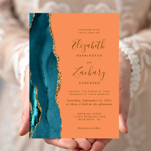Modern Teal Gold Agate Tangerine Wedding Invitation