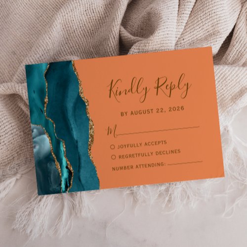 Modern Teal Gold Agate Tangerine Wedding RSVP Card