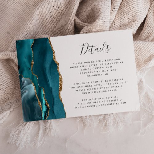 Modern Teal Gold Agate Wedding Details Enclosure Card