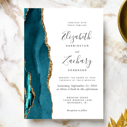 Modern Teal Gold Agate Wedding Invitation