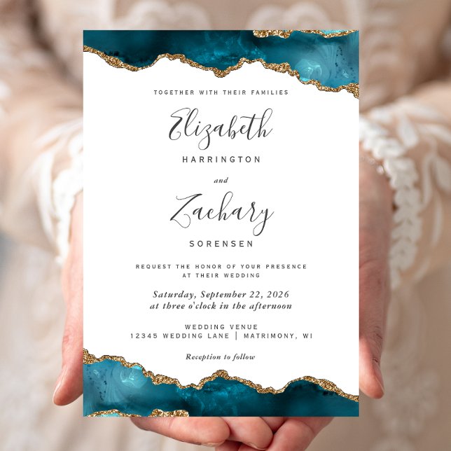 Modern Teal Gold Agate Wedding Invitation (Creator Uploaded)