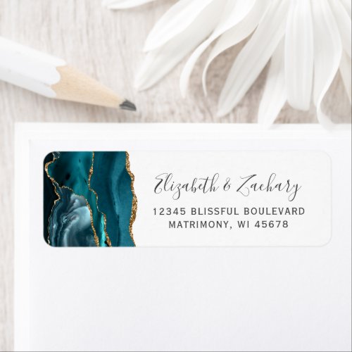 Modern Teal Gold Agate Wedding Return Address Label