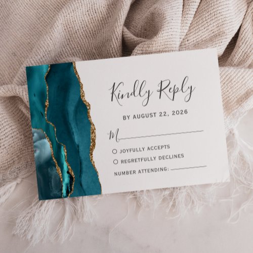 Modern Teal Gold Agate Wedding RSVP Card