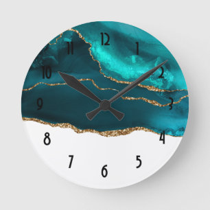 Modern Teal & Gold Agate with White Abstract Round Clock